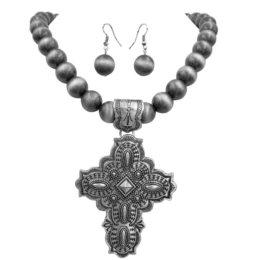 Large Christian Cross Western Style Chunky Bead Silver Necklace Earrings Set